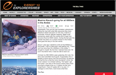 Everest K News ExplorersWeb Maximo Kausch going for all ers in the Andes  copy